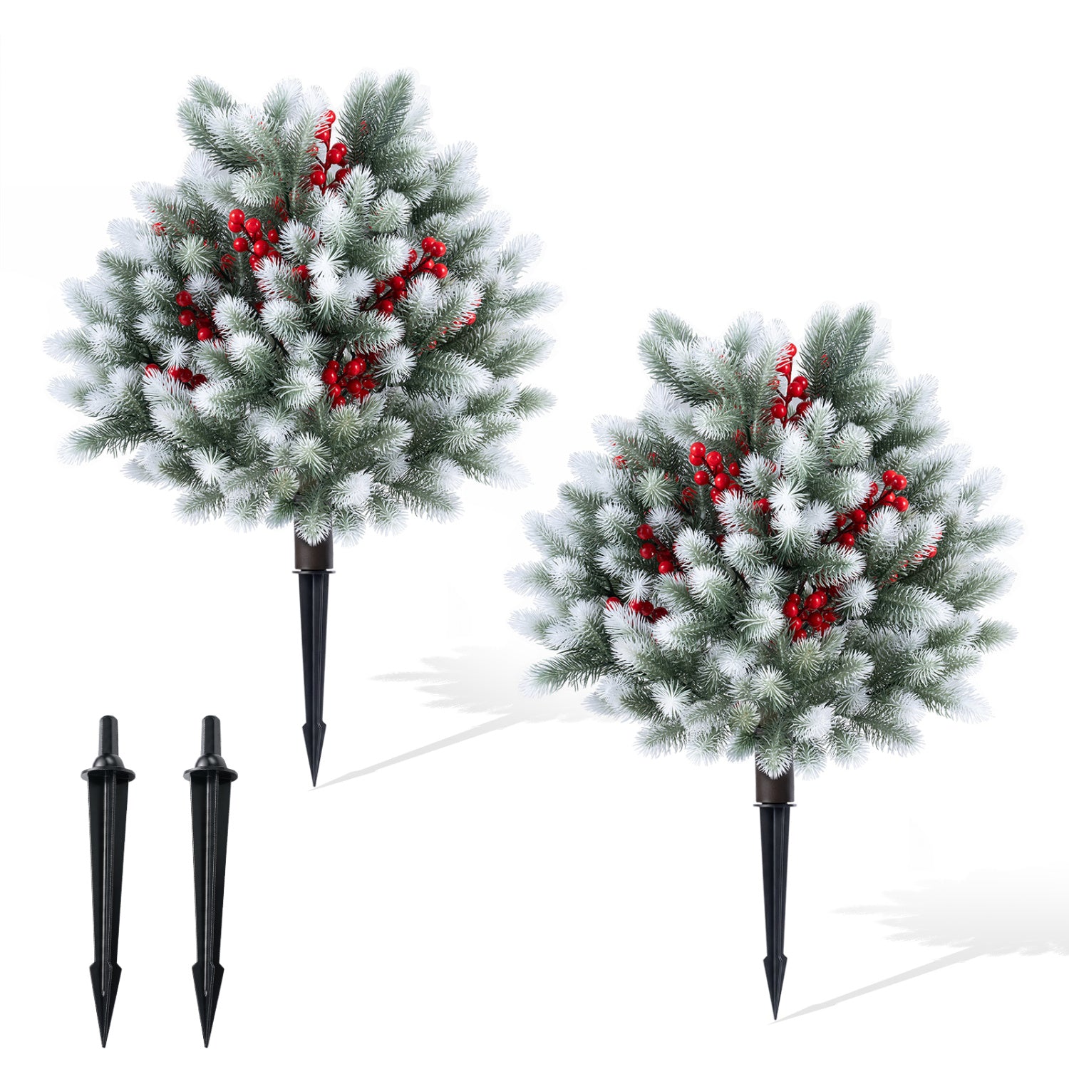 2 Artificial Topiaries with Ground Spikes, Porch Patio Decor, Cedar Faux Plants Green & White & Red at Gallery Canada
