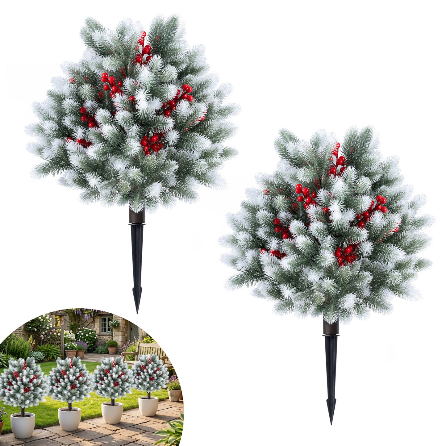 2 Artificial Topiaries with Ground Spikes, Porch Patio Decor, Cedar