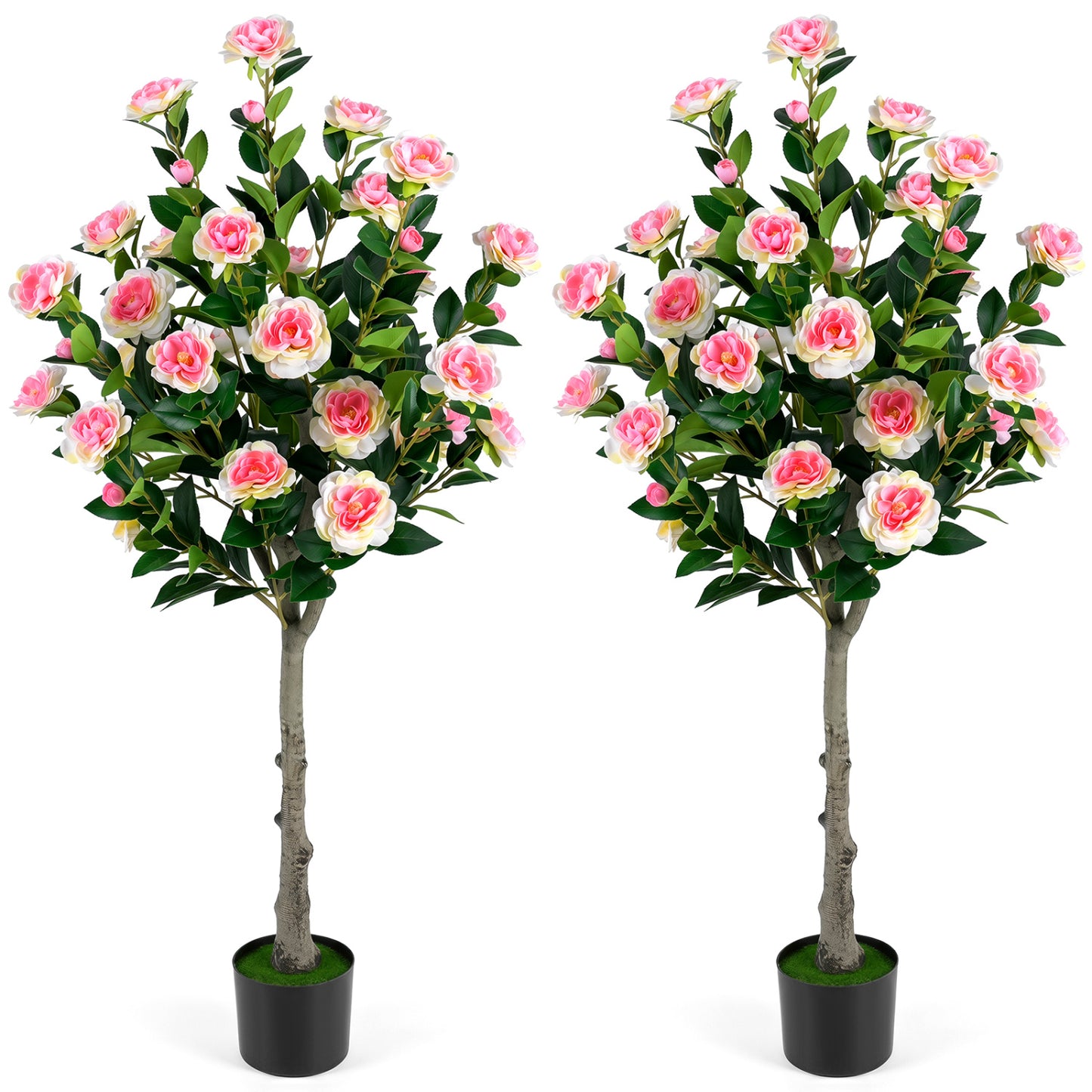 Set Of 2 Artificial Camellia Trees, 27 Blossoms, Cement Pot