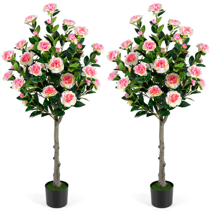 Set Of 2 Artificial Camellia Trees, 27 Blossoms, Cement Pot