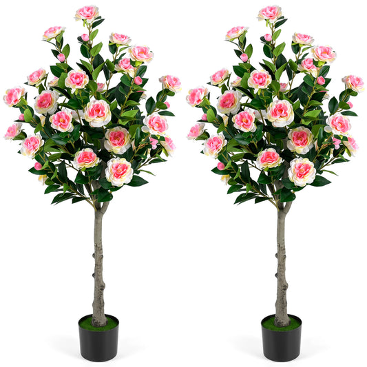 Set Of 2 Artificial Camellia Trees, 27 Blossoms, Cement Pot Faux Plants Pink & Green & Black at Gallery Canada
