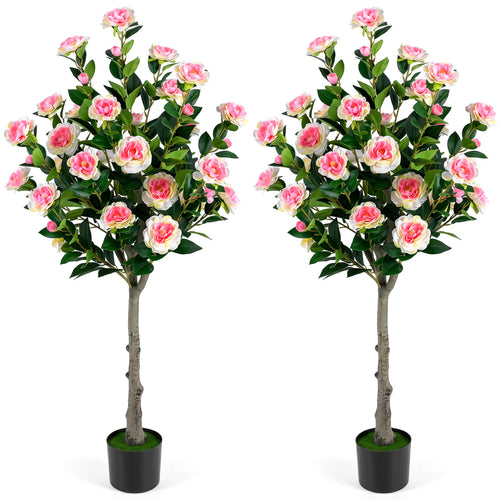 Set Of 2 Artificial Camellia Trees, 27 Blossoms, Cement Pot