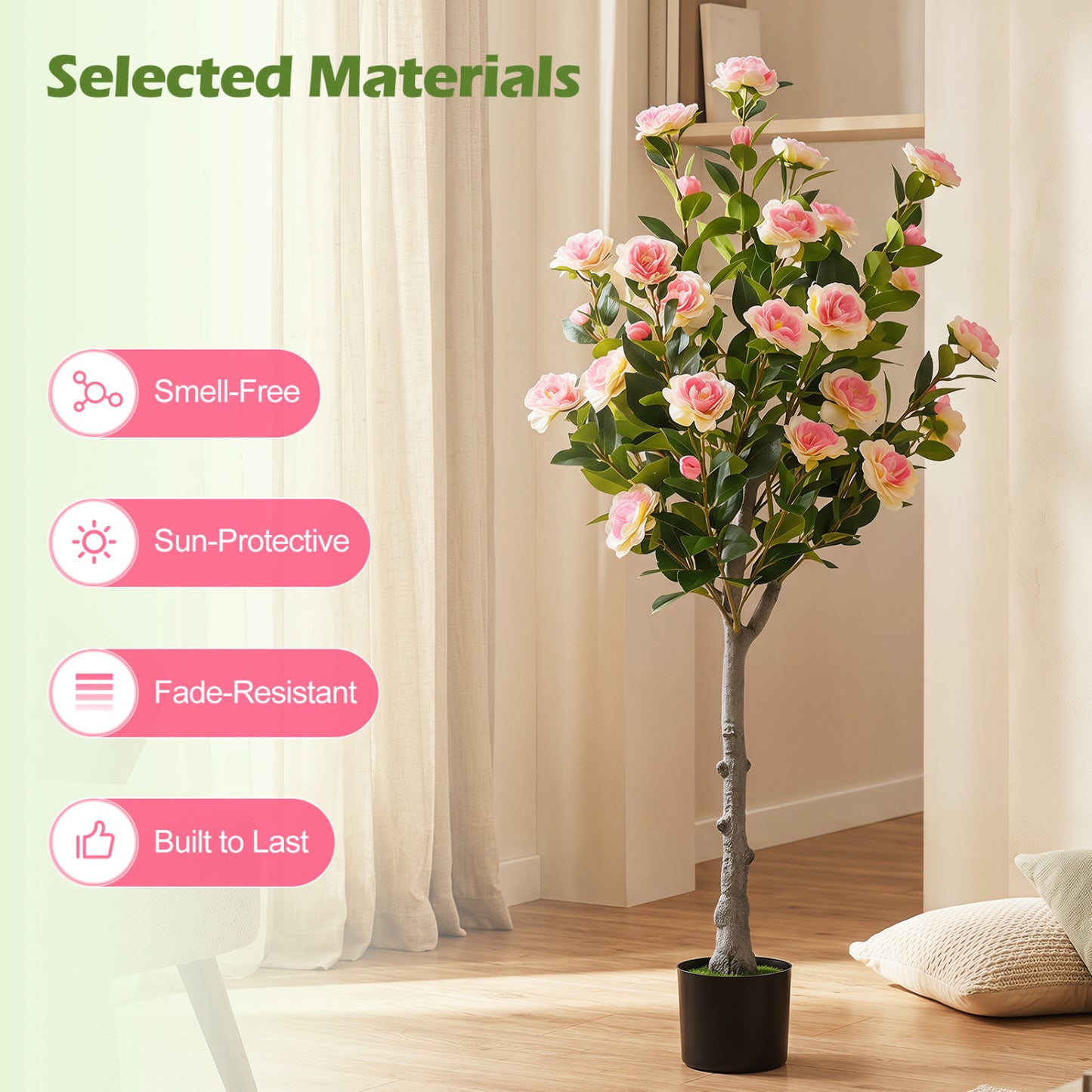 Set Of 2 Artificial Camellia Trees, 27 Blossoms, Cement Pot