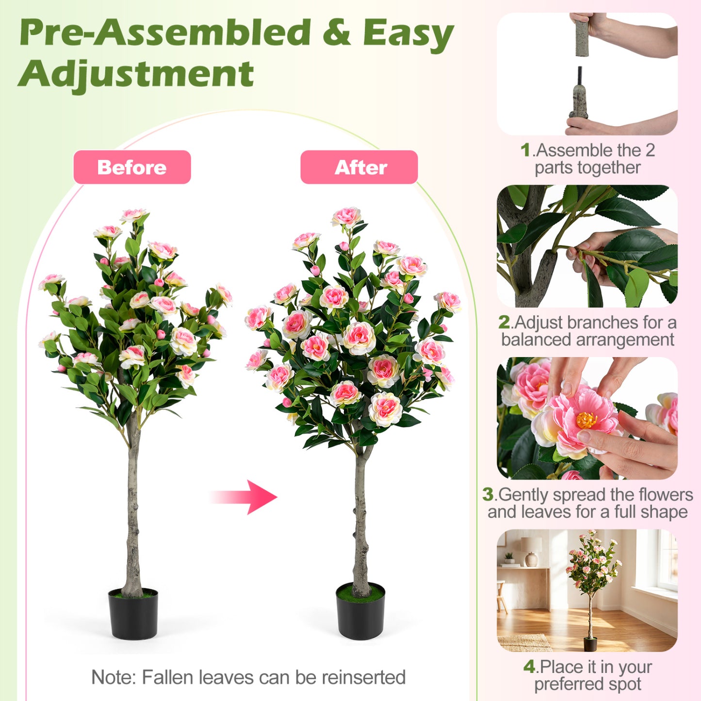 Set Of 2 Artificial Camellia Trees, 27 Blossoms, Cement Pot
