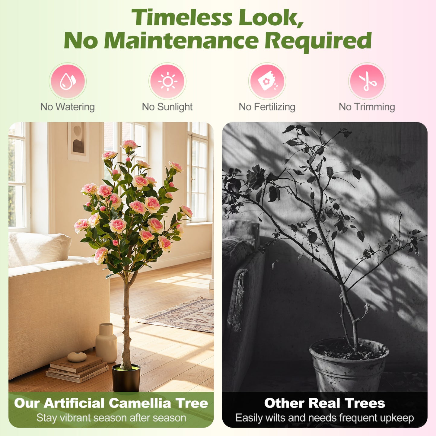 Set Of 2 Artificial Camellia Trees, 27 Blossoms, Cement Pot