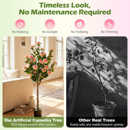 Set Of 2 Artificial Camellia Trees, 27 Blossoms, Cement Pot
