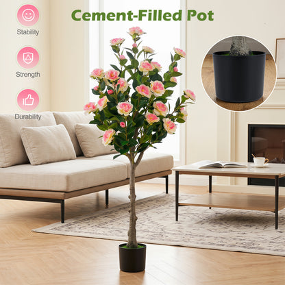 Set Of 2 Artificial Camellia Trees, 27 Blossoms, Cement Pot