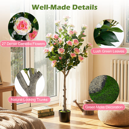 Set Of 2 Artificial Camellia Trees, 27 Blossoms, Cement Pot