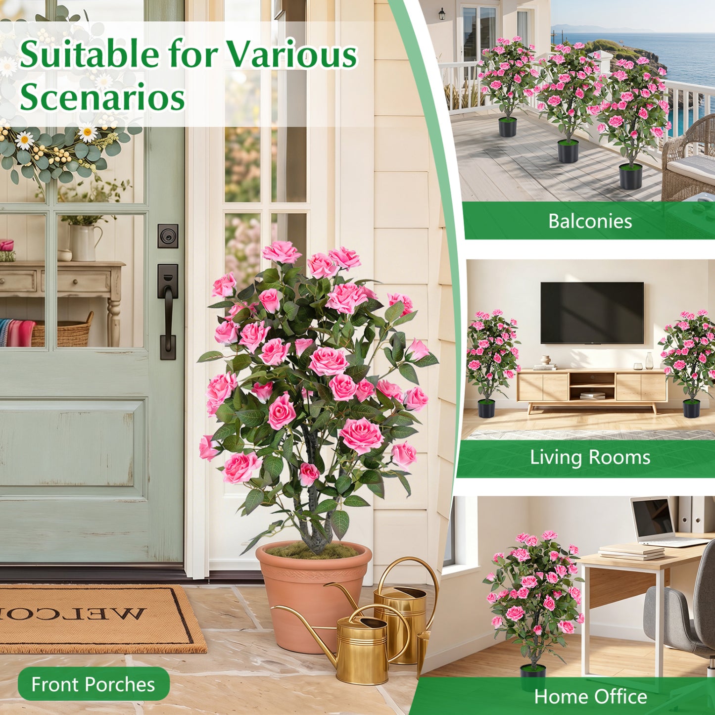 Set of 2 Artificial Rose Trees, Pink