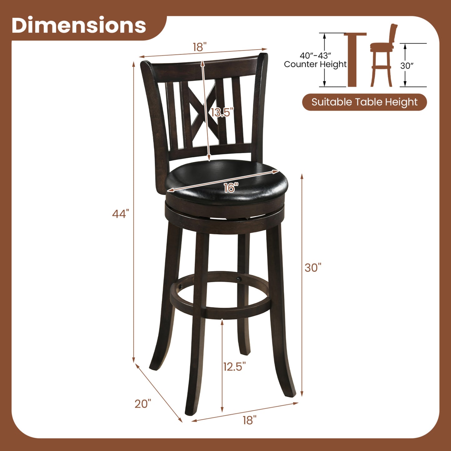 Set Of 2 Swivel Bar Stools With Hollow Backrest, 30 In