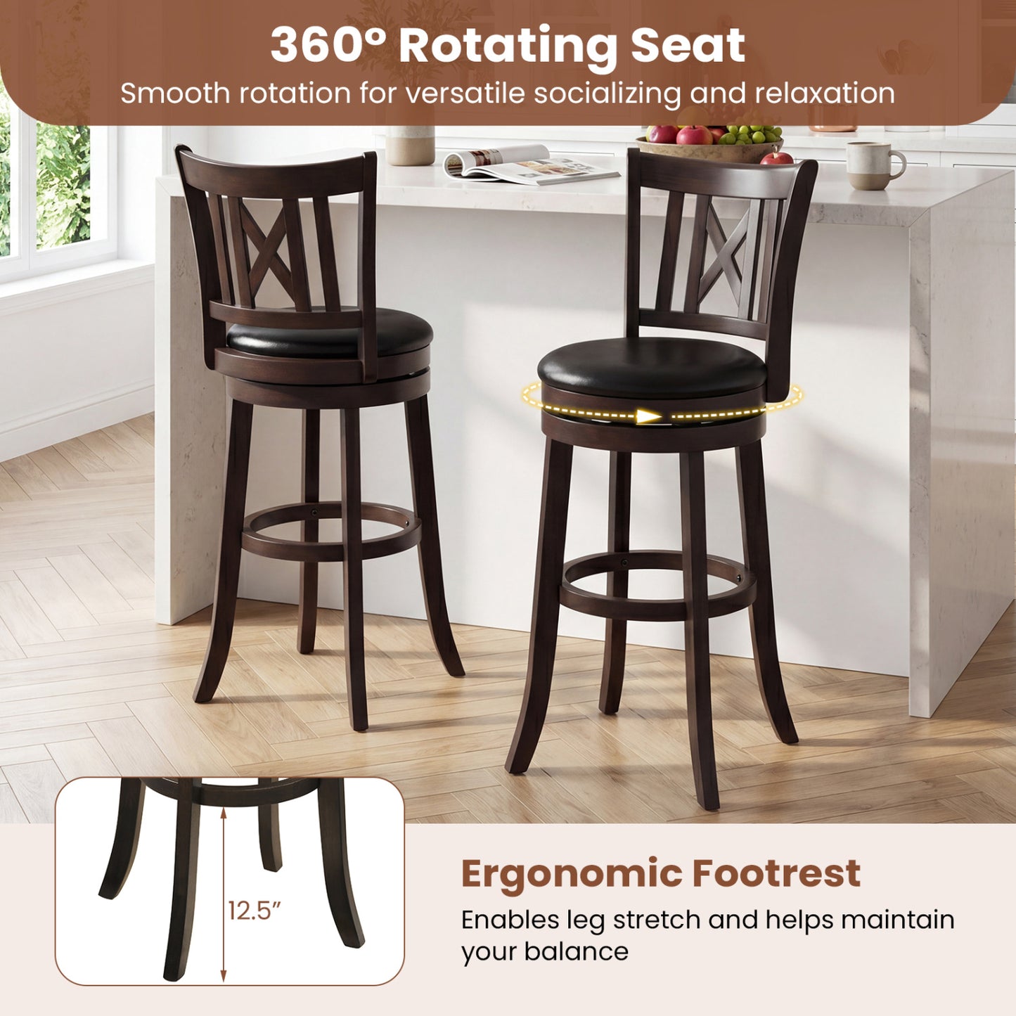 Set Of 2 Swivel Bar Stools With Hollow Backrest, 30 In