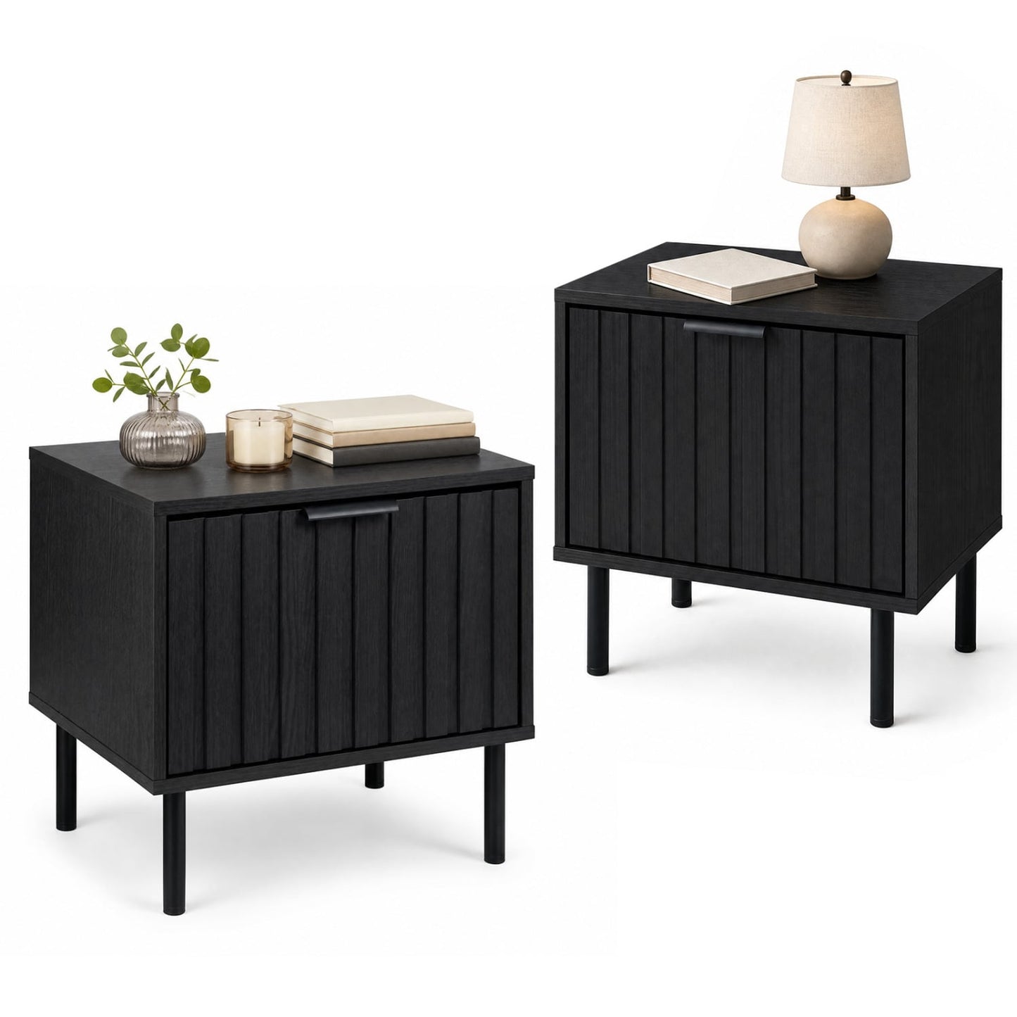 Ensemble de 2 tables de nuit modernes avec tiroir à rayures verticales, noir