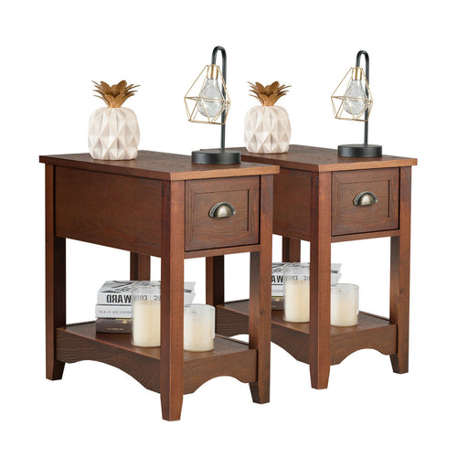Set of 2 Contemporary Side End Table with Drawer, Walnut