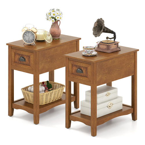 Contemporary Side End Table Set, 2 Drawers, Yellow