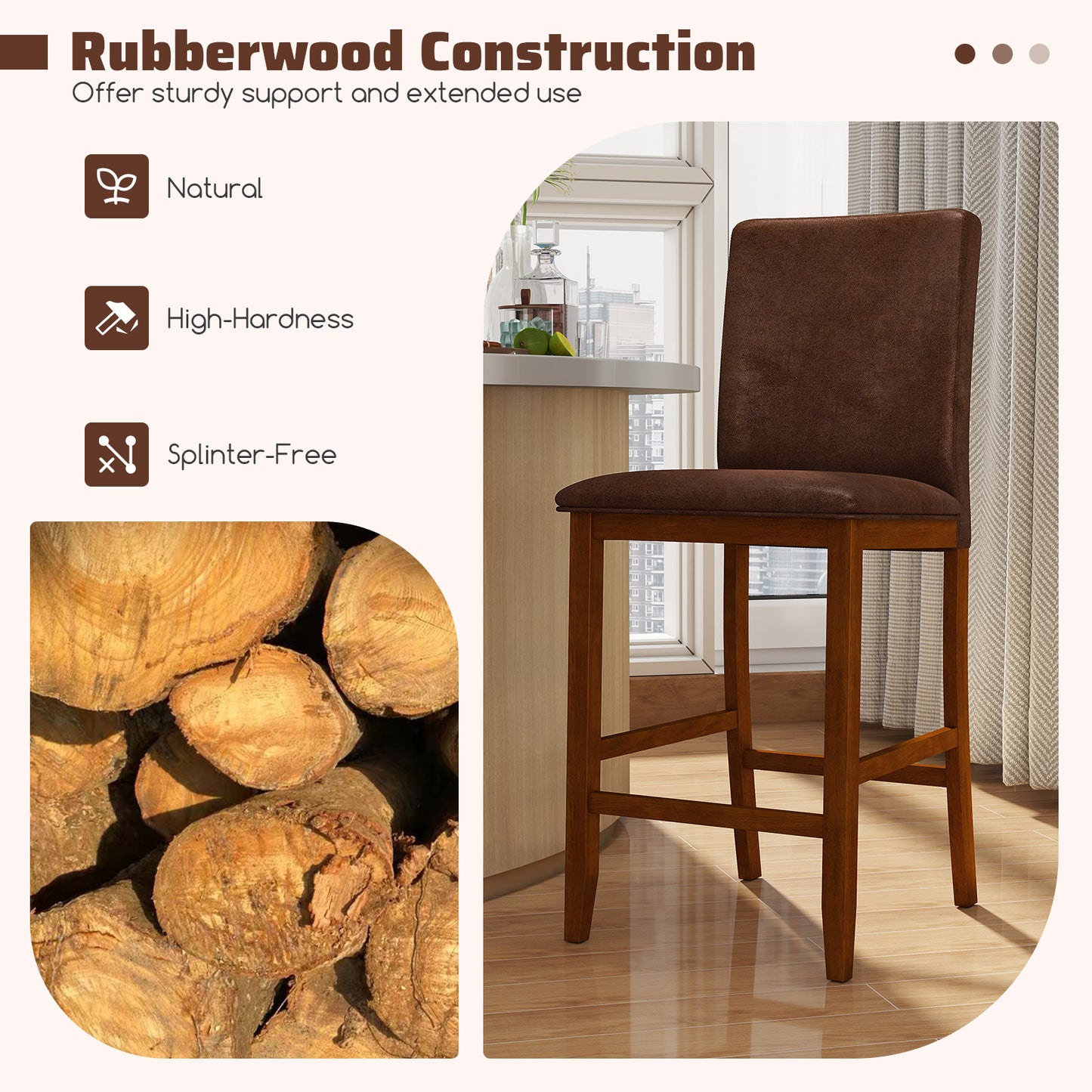 Set of 2 Counter Barstools, Rubberwood Legs, Upholstered Seat, Walnut Bar Stools at Gallery Canada
