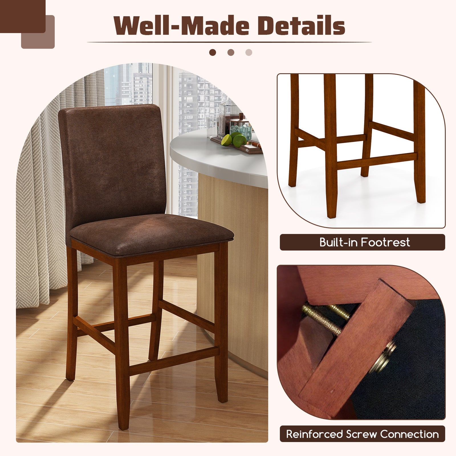 Set of 2 Counter Barstools, Rubberwood Legs, Upholstered Seat, Walnut Bar Stools at Gallery Canada
