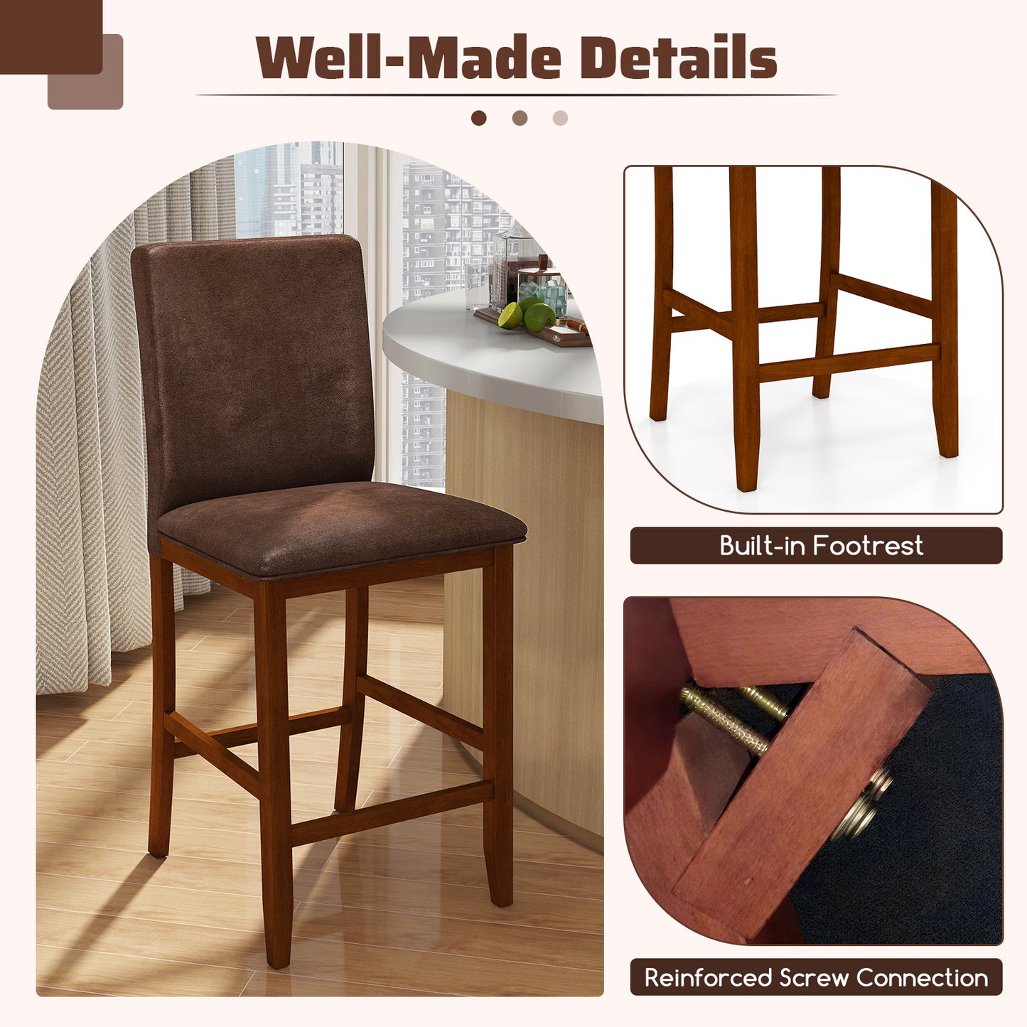 Set of 2 Counter Barstools, Rubberwood Legs, Upholstered Seat, Walnut Bar Stools at Gallery Canada