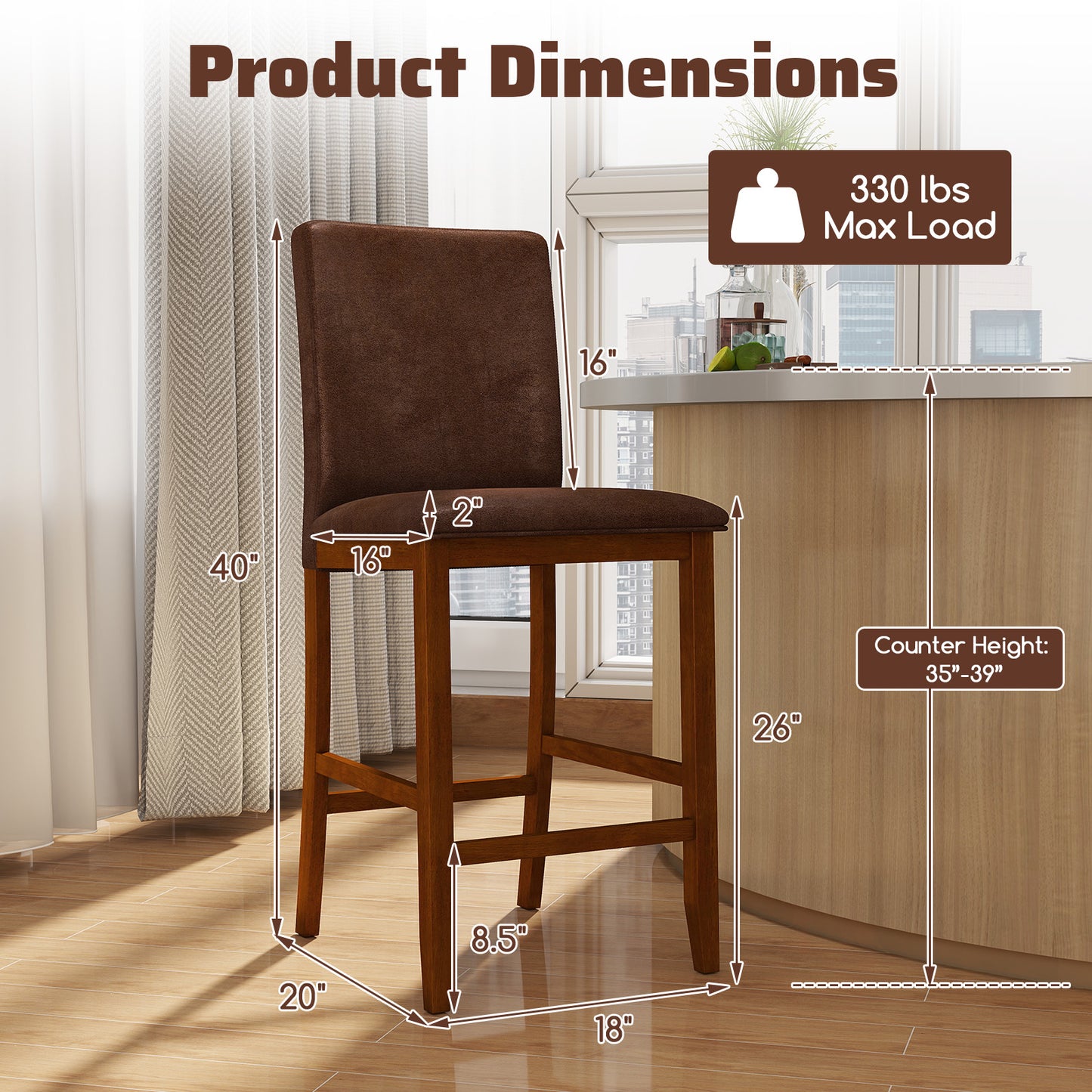 Set of 2 Counter Barstools, Rubberwood Legs, Upholstered Seat, Walnut Bar Stools at Gallery Canada