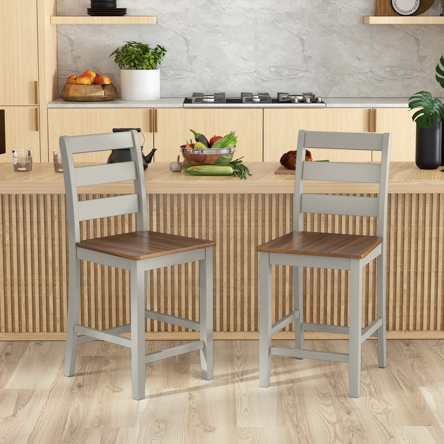 Counter Bar Stool Set, 2, Inclined Backrest, Footrest, Gray Bar Stools at Gallery Canada