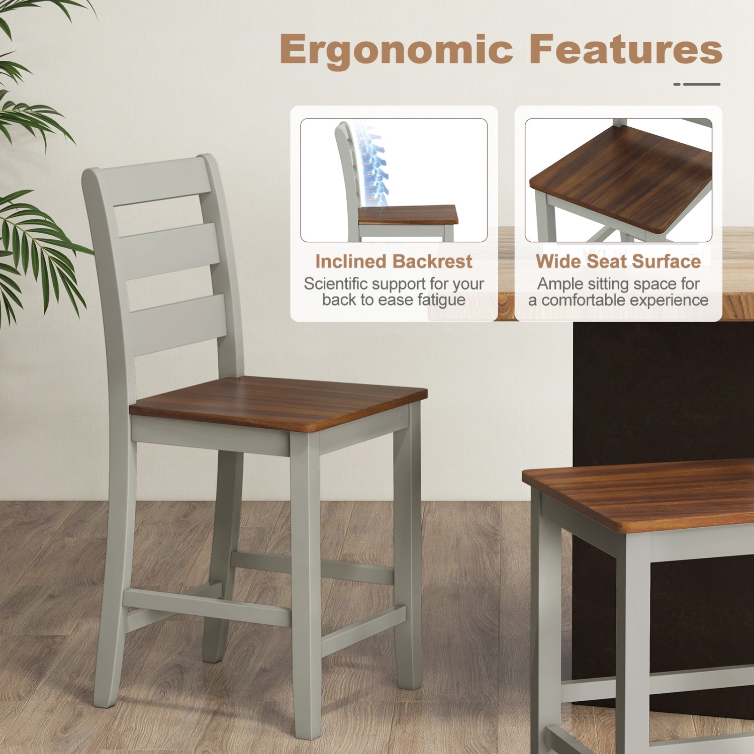 Counter Bar Stool Set, 2, Inclined Backrest, Footrest, Gray Bar Stools at Gallery Canada