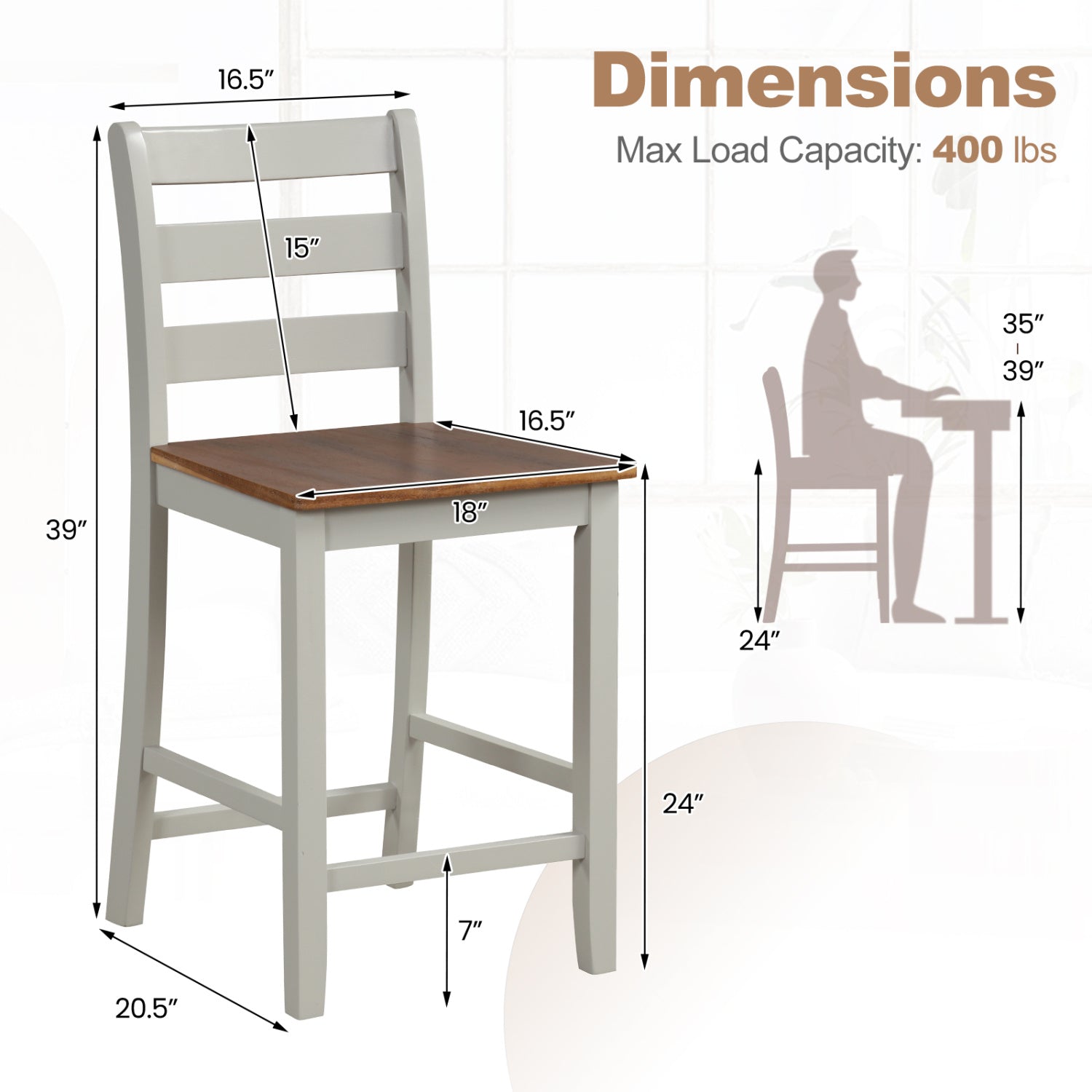 Counter Bar Stool Set, 2, Inclined Backrest, Footrest, Gray Bar Stools at Gallery Canada
