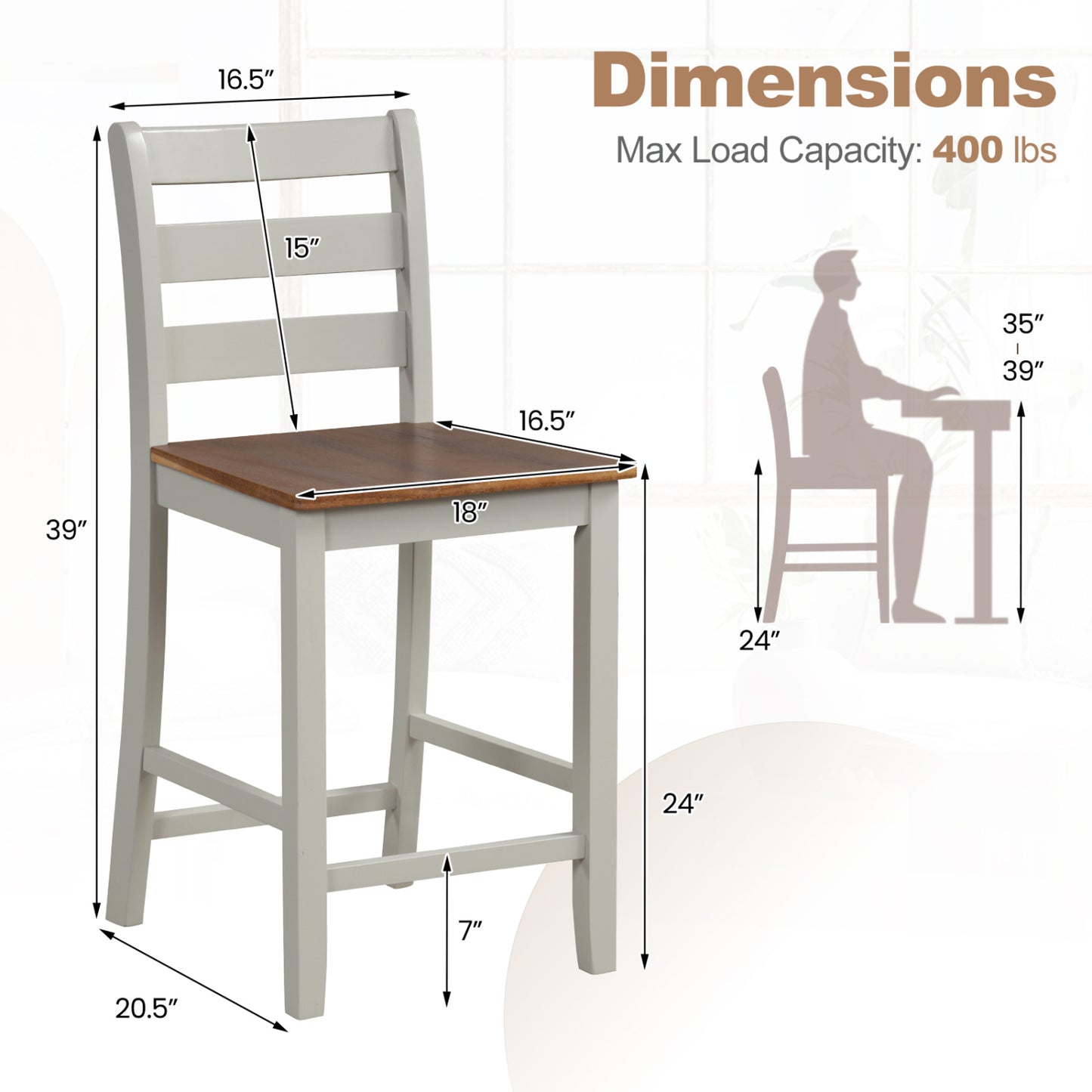 Counter Bar Stool Set, 2, Inclined Backrest, Footrest, Gray Bar Stools at Gallery Canada