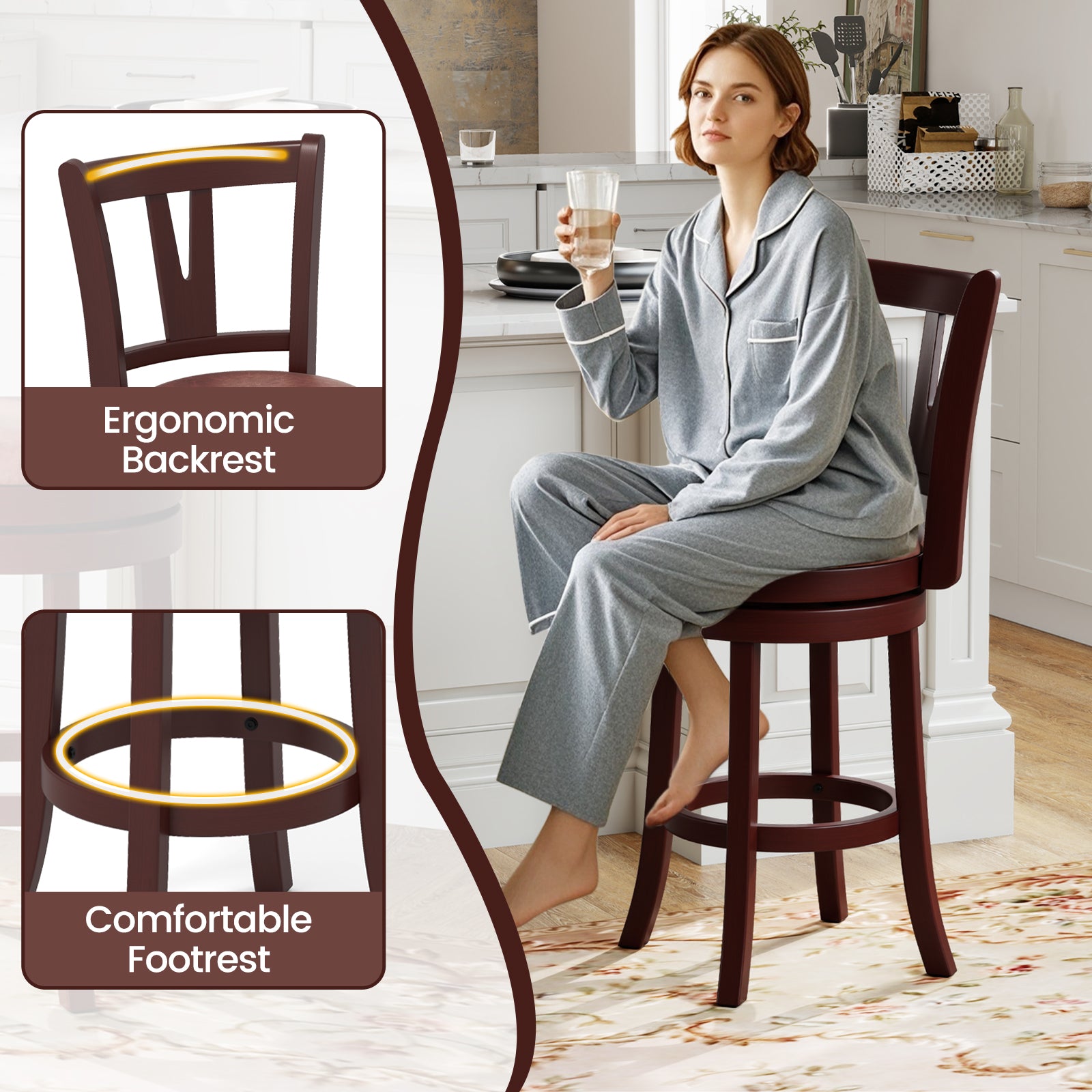 Set of 2 Counter Height Swivel Barstools with High Backs and Footrests-26 inches Bar Stools at Gallery Canada