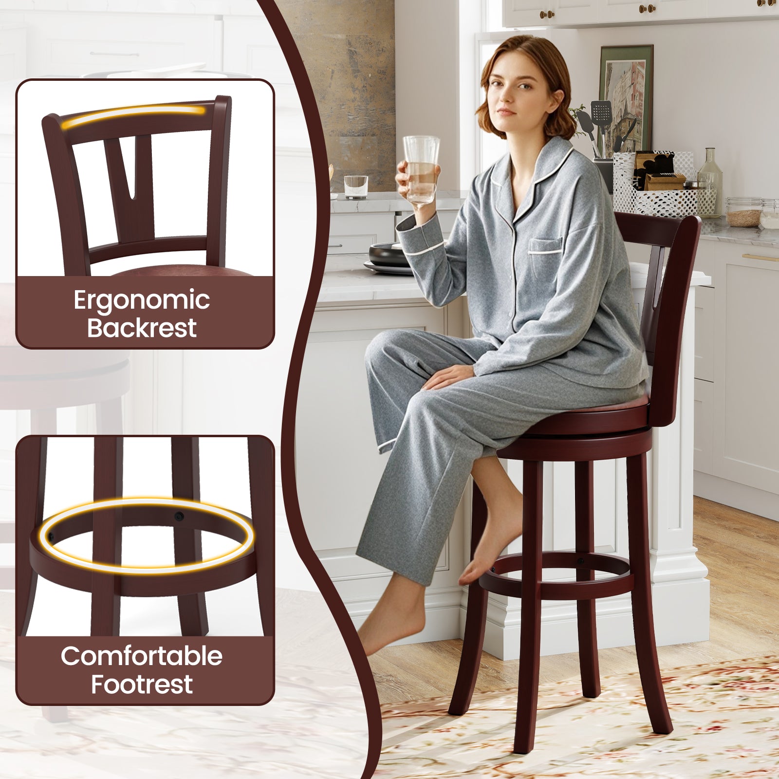 Set of 2 Counter Height Swivel Barstools with High Backs and Footrests-30 inches Bar Stools at Gallery Canada