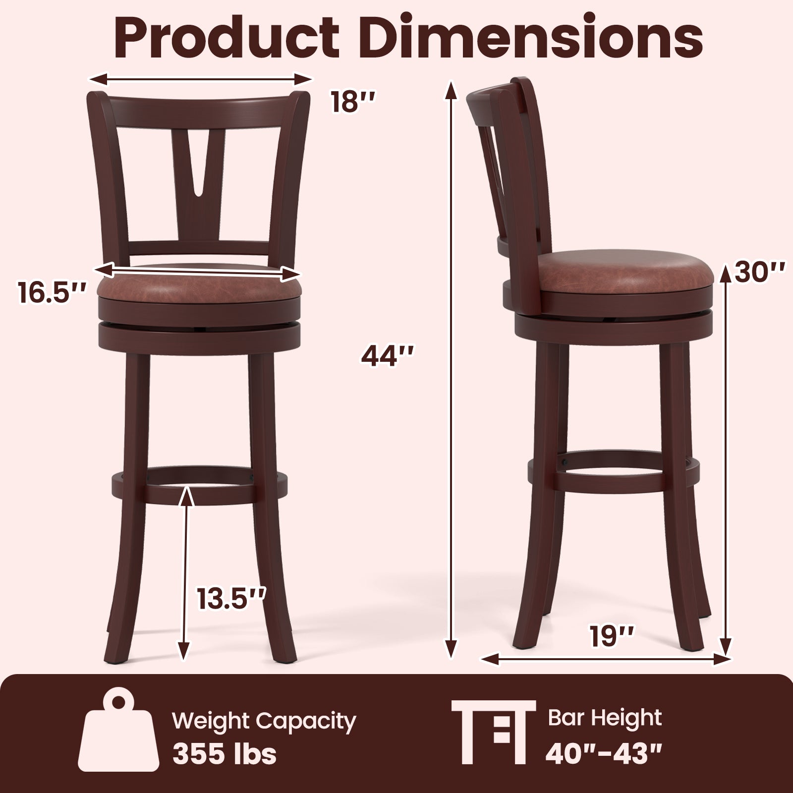 Set of 2 Counter Height Swivel Barstools with High Backs and Footrests-30 inches Bar Stools at Gallery Canada