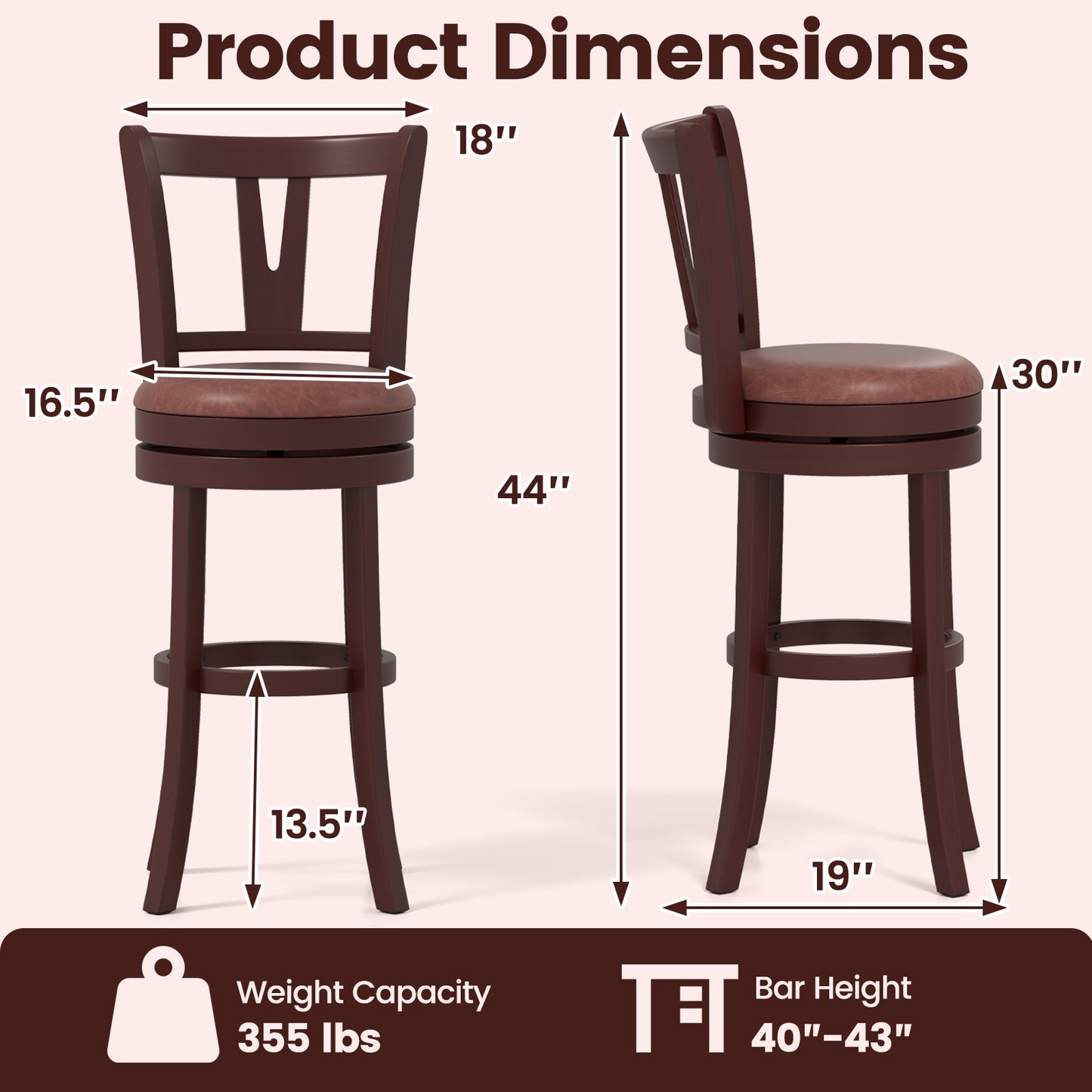 Set of 2 Counter Height Swivel Barstools with High Backs and Footrests-30 inches Bar Stools at Gallery Canada