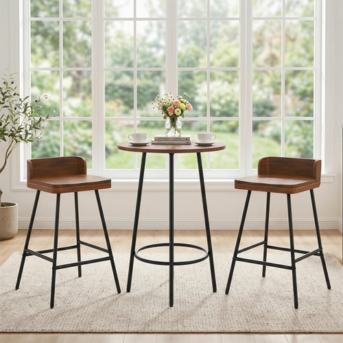 Set Of 2 Bar Stools With Low Back Metal Legs, Brown
