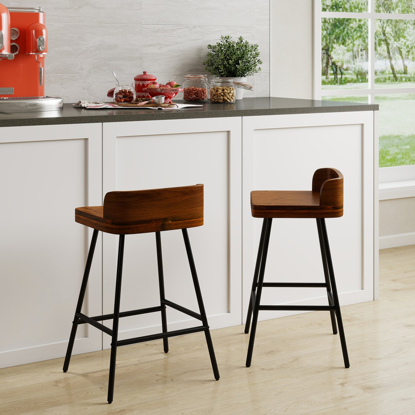 Set Of 2 Bar Stools With Low Back Metal Legs, Brown