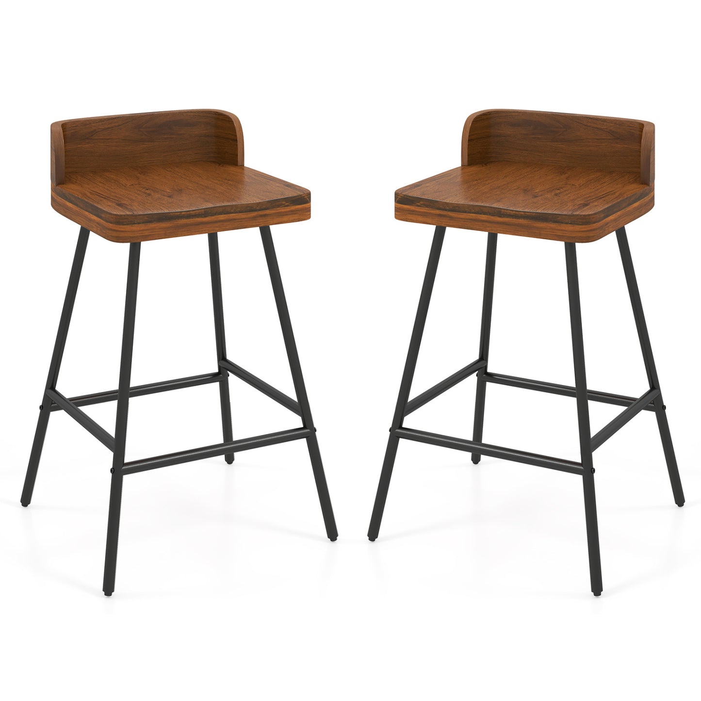 Set Of 2 Bar Stools With Low Back Metal Legs, Brown