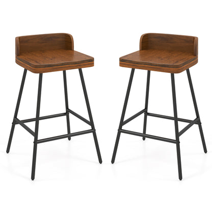 Set Of 2 Bar Stools With Low Back Metal Legs, Brown