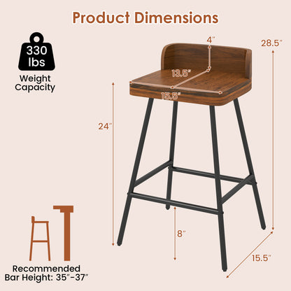 Set Of 2 Bar Stools With Low Back Metal Legs, Brown