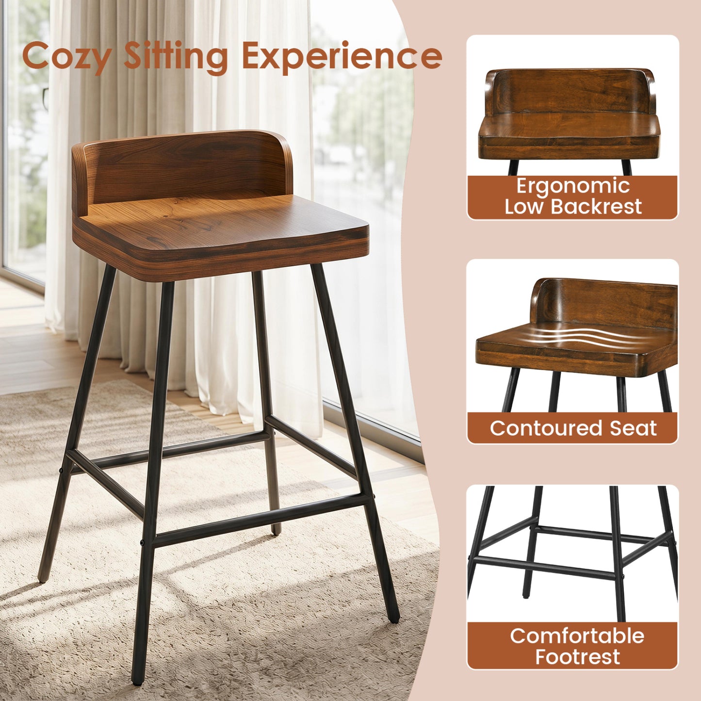 Set Of 2 Bar Stools With Low Back Metal Legs, Brown
