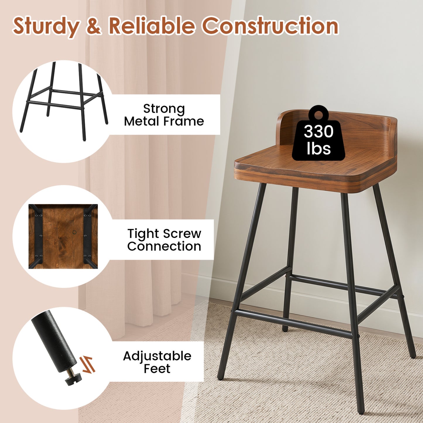 Set Of 2 Bar Stools With Low Back Metal Legs, Brown