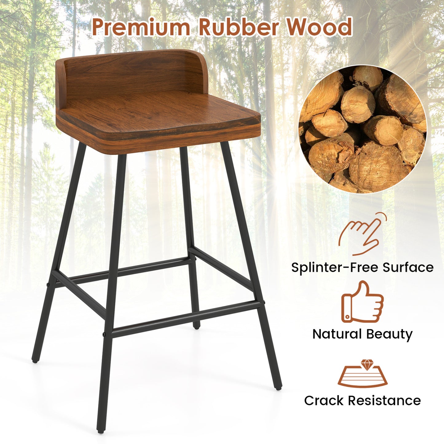 Set Of 2 Bar Stools With Low Back Metal Legs, Brown