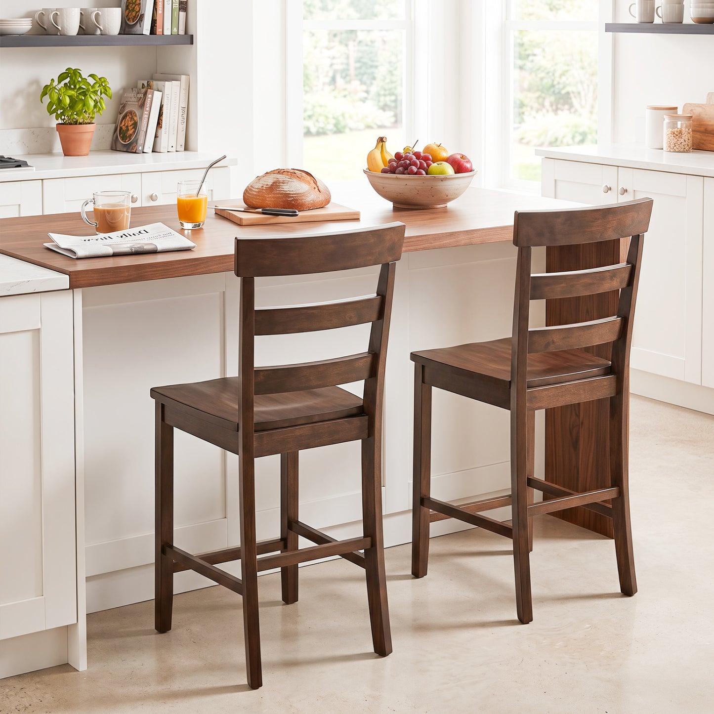 Set of 2 Counter Bar Stools, Rubber Wood Frame, Brown