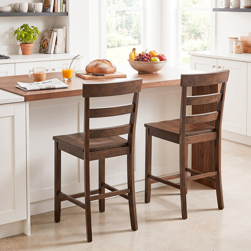 Set of 2 Counter Bar Stools, Rubber Wood Frame, Brown