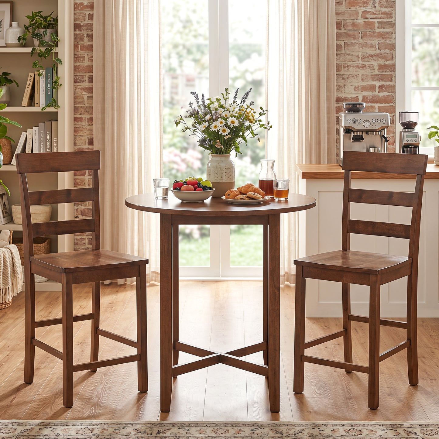 Set of 2 Counter Bar Stools, Rubber Wood Frame, Brown