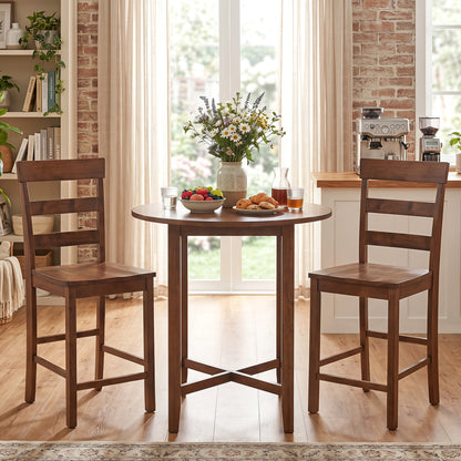 Set of 2 Counter Bar Stools, Rubber Wood Frame, Brown