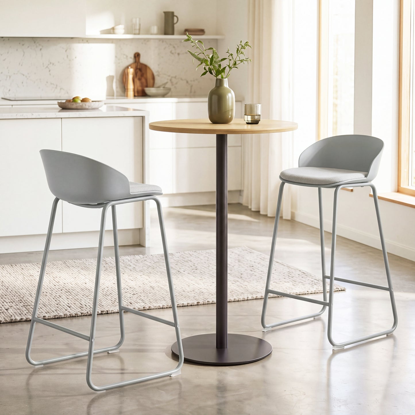 Ensemble de 2 tabourets de bar, dossier incurvé, cadre en métal, gris
