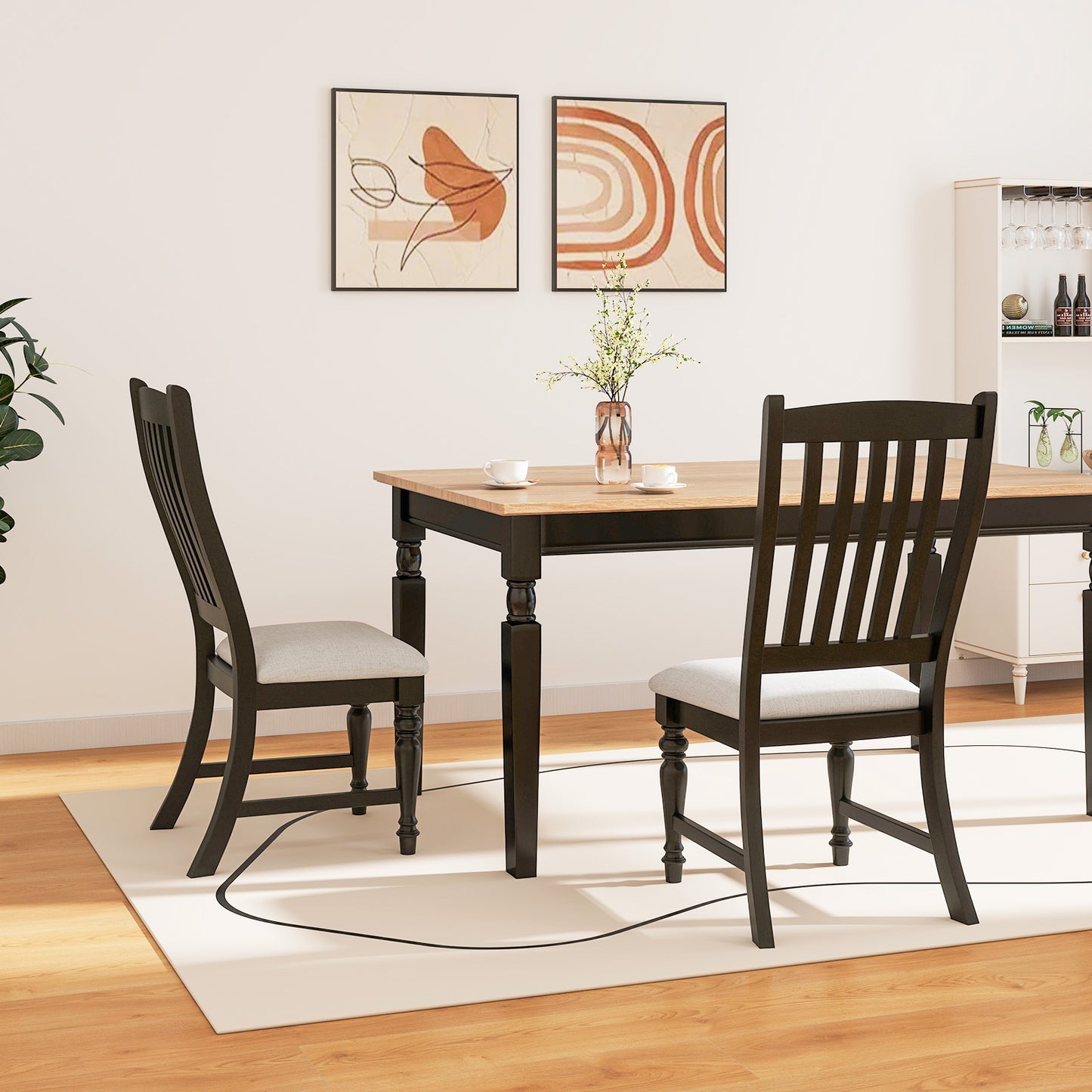Set Of 2 Dining Chairs With Solid Wood Legs, Black