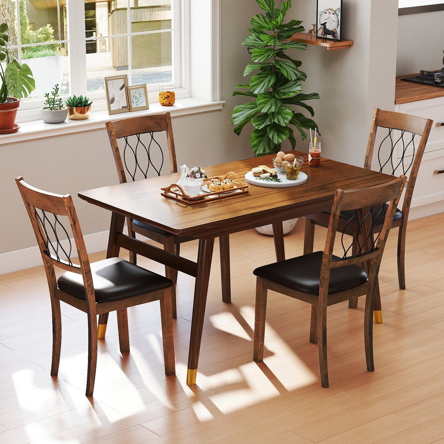 Set of 2 Dining Chair Fabric/Faux Leather Upholstered with Padded Seat, Walnut Dining Chairs at Gallery Canada