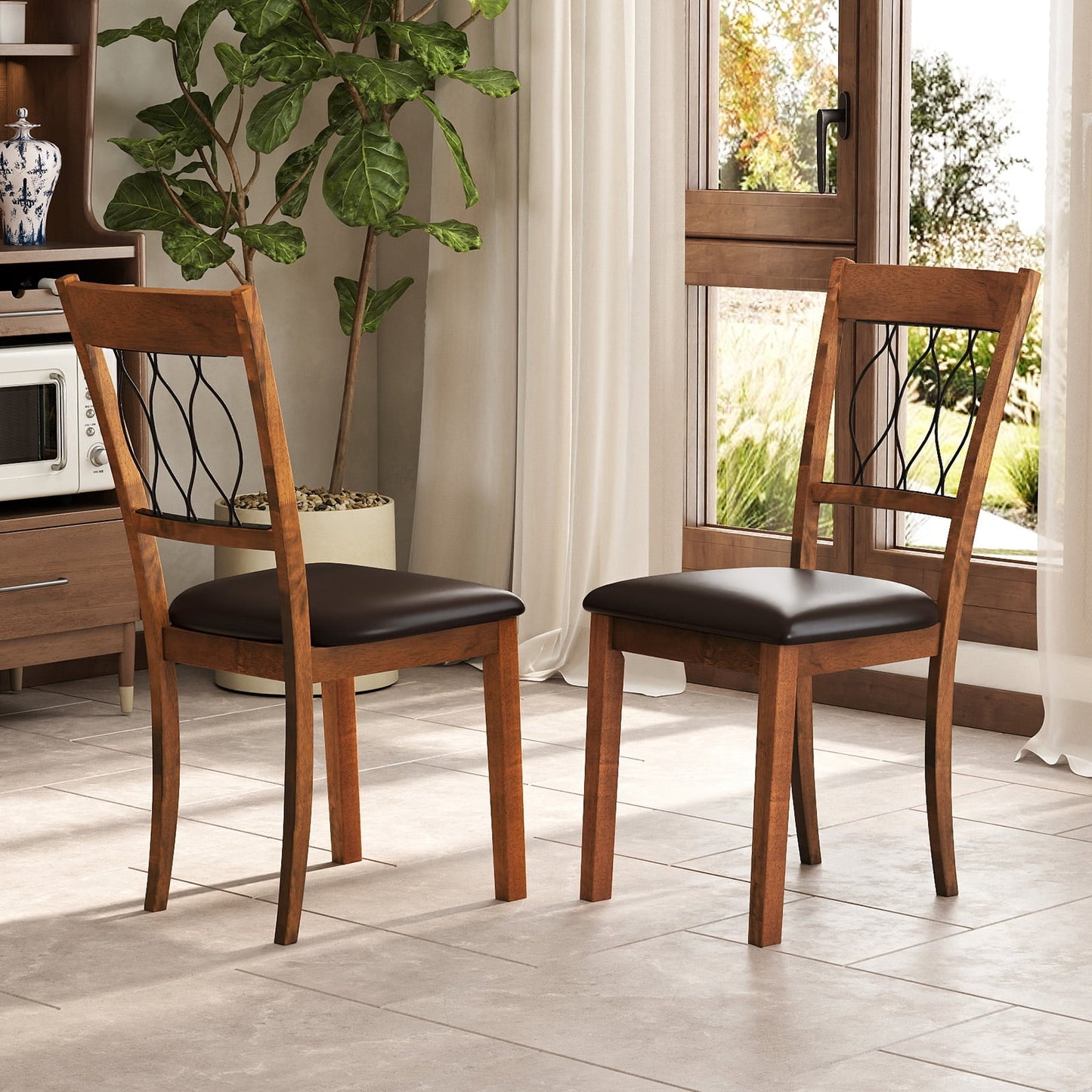 Set of 2 Dining Chair Fabric/Faux Leather Upholstered with Padded Seat, Walnut Dining Chairs at Gallery Canada