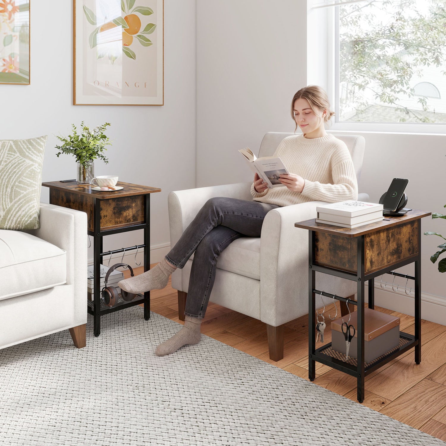 Set of 2 End Table with Charging Station and Hidden Compartment, Rustic Brown End & Side Tables at Gallery Canada