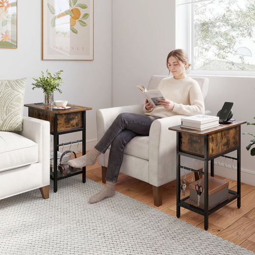Set of 2 End Table with Charging Station and Hidden Compartment, Rustic Brown