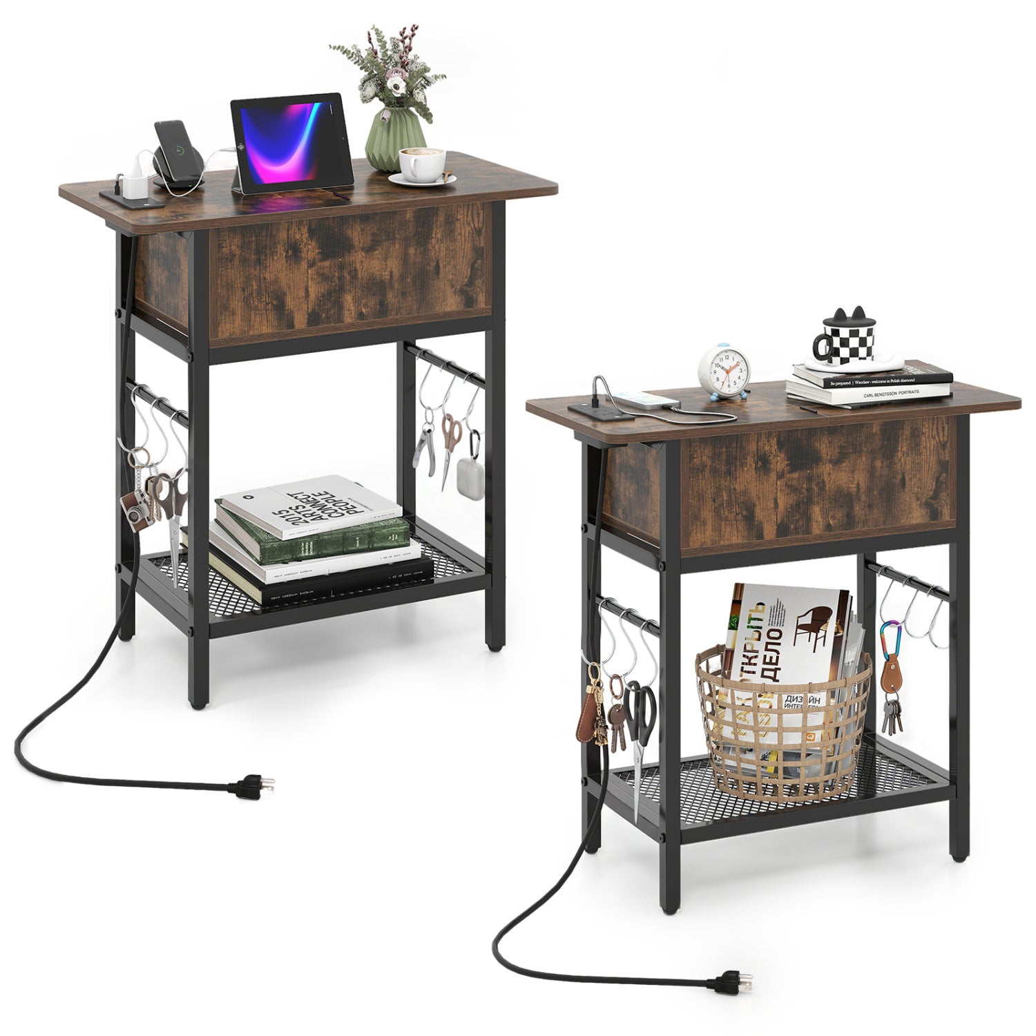 Set of 2 End Table with Charging Station and Hidden Compartment, Rustic Brown End & Side Tables at Gallery Canada