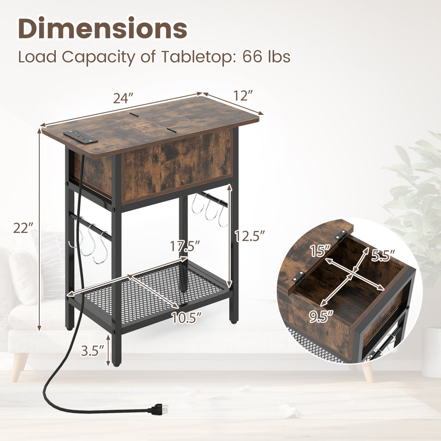 Set of 2 End Table with Charging Station and Hidden Compartment, Rustic Brown End & Side Tables at Gallery Canada
